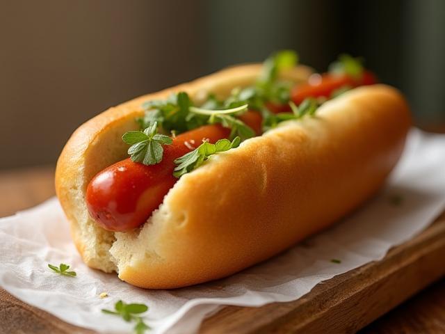 Beliebter Hauptdog mit frischen Zutaten und knusprigem Brötchen