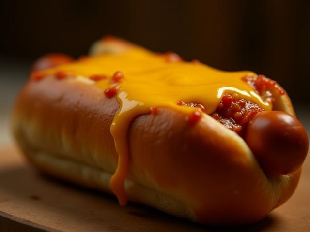 Würziger Chili-Cheese-Hot Dog, frisch serviert mit Käse überbacken