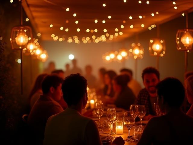 Eröffnungsabend mit vielen Gästen, Lichterketten und feierlicher Stimmung