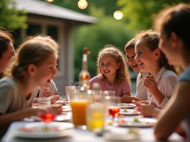 Familienfest im kleinen Gartenbereich des Restaurants mit Kindern und Spaß