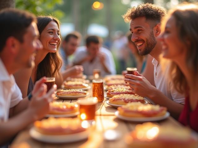 Gäste lachen und genießen ihre Hot Dogs an langen Tischen