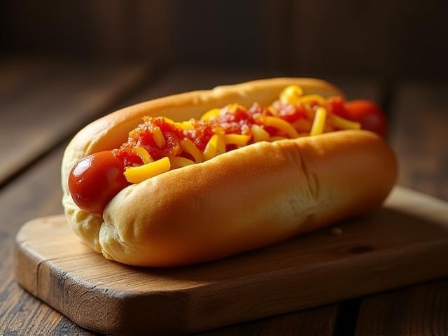 Der Klassiker - ein saftiger Hot Dog mit Senf und Röstzwiebeln