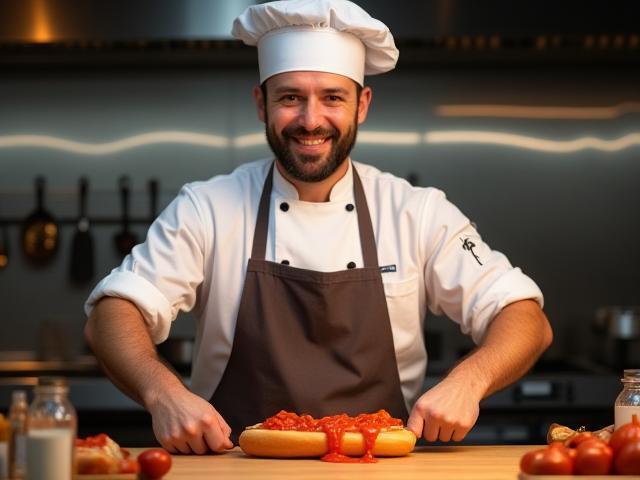 Küchenchef beim Zubereiten der Hot Dogs mit einem Lächeln