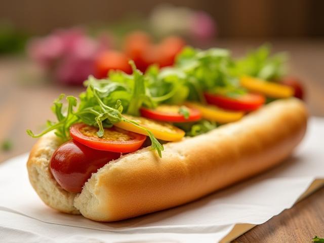 Leckerer veganer Hot Dog mit buntem Gemüse und frischem Brötchen