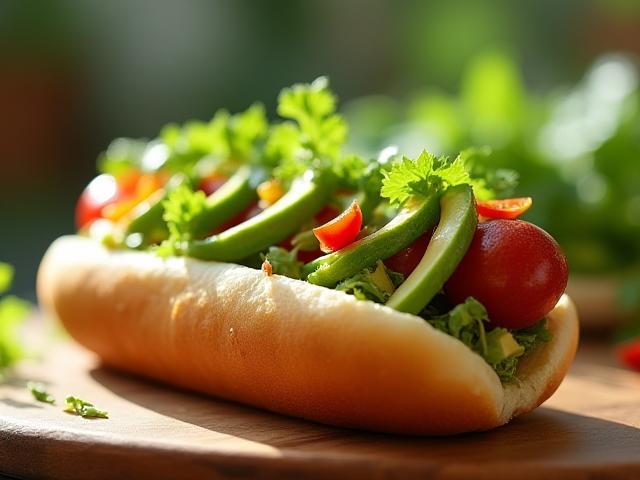 Veggie Garden Hot Dog mit frischem Gemüse und vegetarischem Bratling