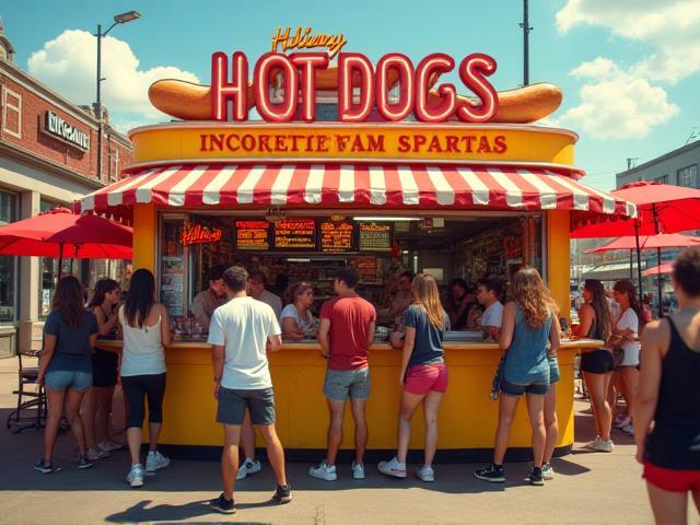 Amerikanische Street-Food-Szene mit Hot-Dog-Stand und Kunden, lebendig und bunt