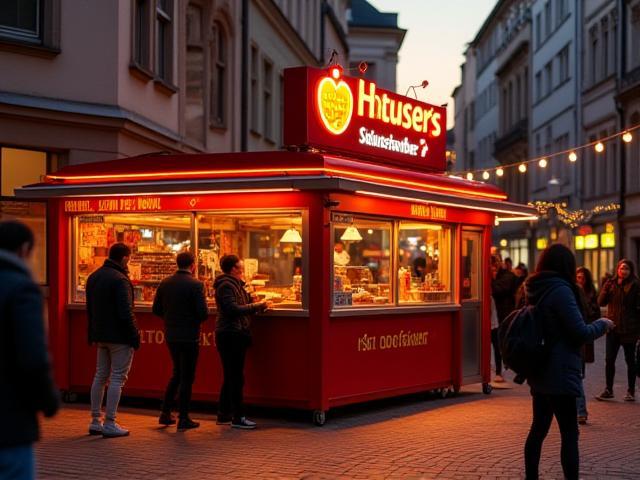 Straßenszene mit Hot-Dog-Stand in der Dresdner Neustadt bei Sonnenuntergang