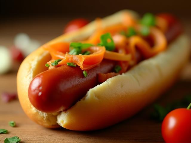 Nahaufnahme eines frisch belegten Hot Dogs mit hochwertigen Zutaten